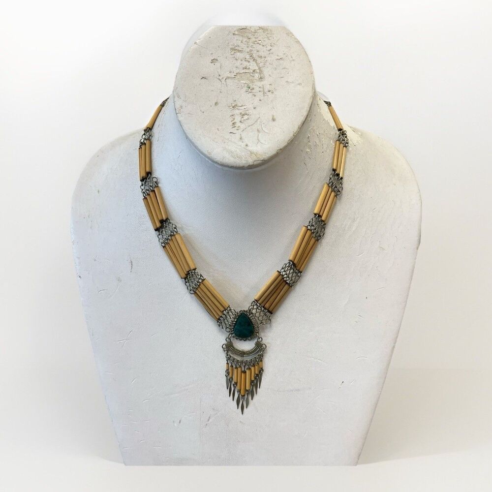 Vintage Bamboo Unique Blue/green Stone Boho Necklace